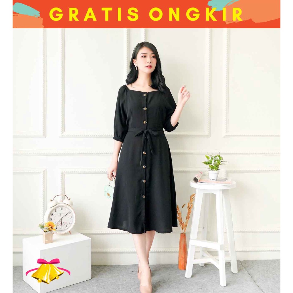 MELCHAN  COTTONBELLS CASUAL DRESS WANITA EMILY BUTTON PLAID SQUARE MIDI (CV - D 4068)