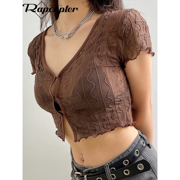 Rapcopter Wave Mesh Crop Top y2k Brown Pin Up T Shirt V Neck Trim Short Sleeve Cardigans Women Retro