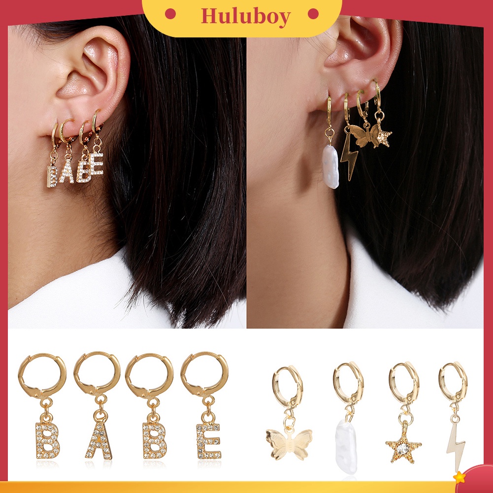 Hu Hu Hu Hu Hu Alat Bantu Pasang Kacamata♡ 4pcs / Set Anting Hoop Desain Tulisan Bintang Butterfly Aksen Berlian Imitasi Untuk Wanita