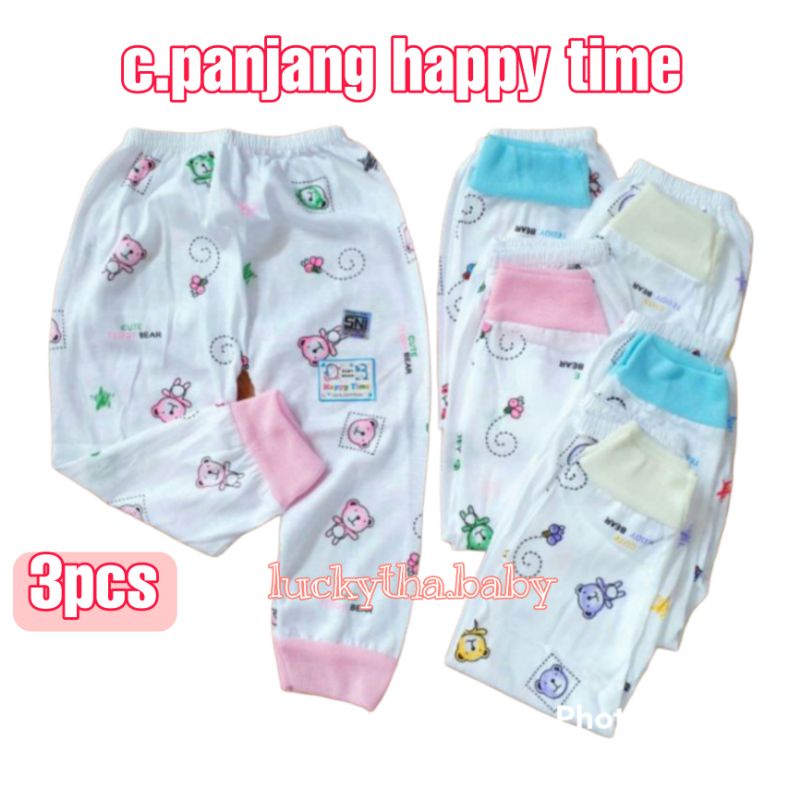 3pcs _celana panjang bayi happy Time Putih buka kaki tutup kaki / Sunjoly pth /c.pj.happy time print