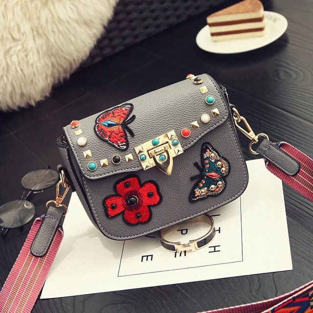 Tas Selempang wanita kulit sintetis Flower Embroidery mini Slingbag PU Import bordir bunga strap kanvas