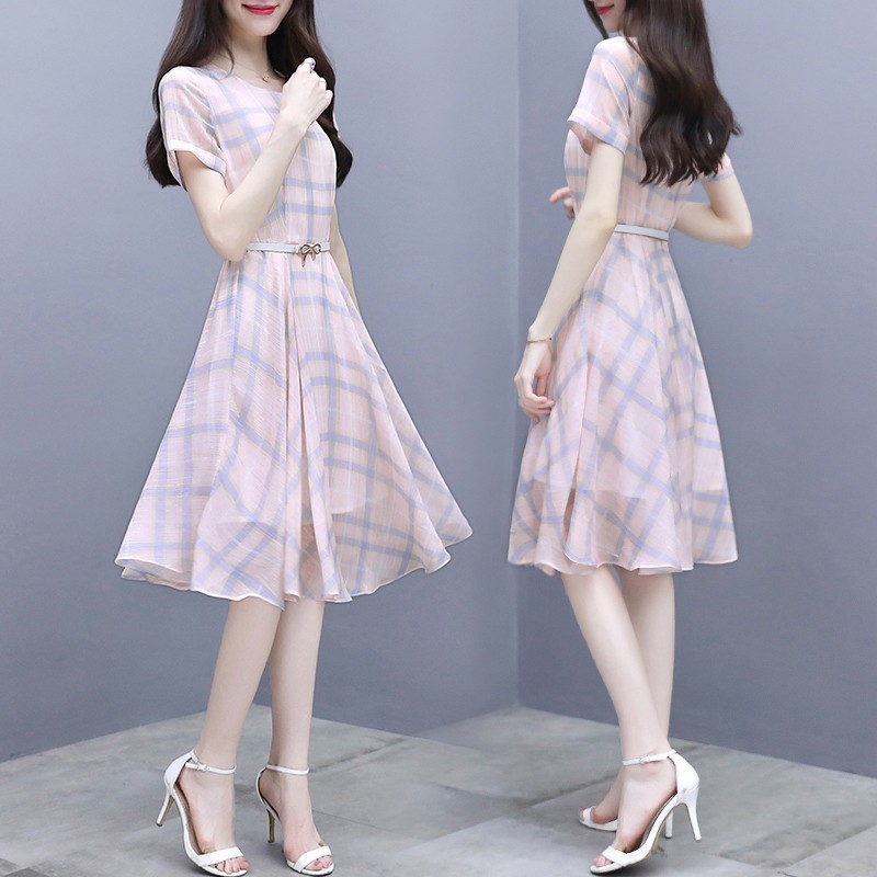 Dress Midi Gaya Korea Elegan Motif Kotak-kotak Bahan Sifon untuk Wanita