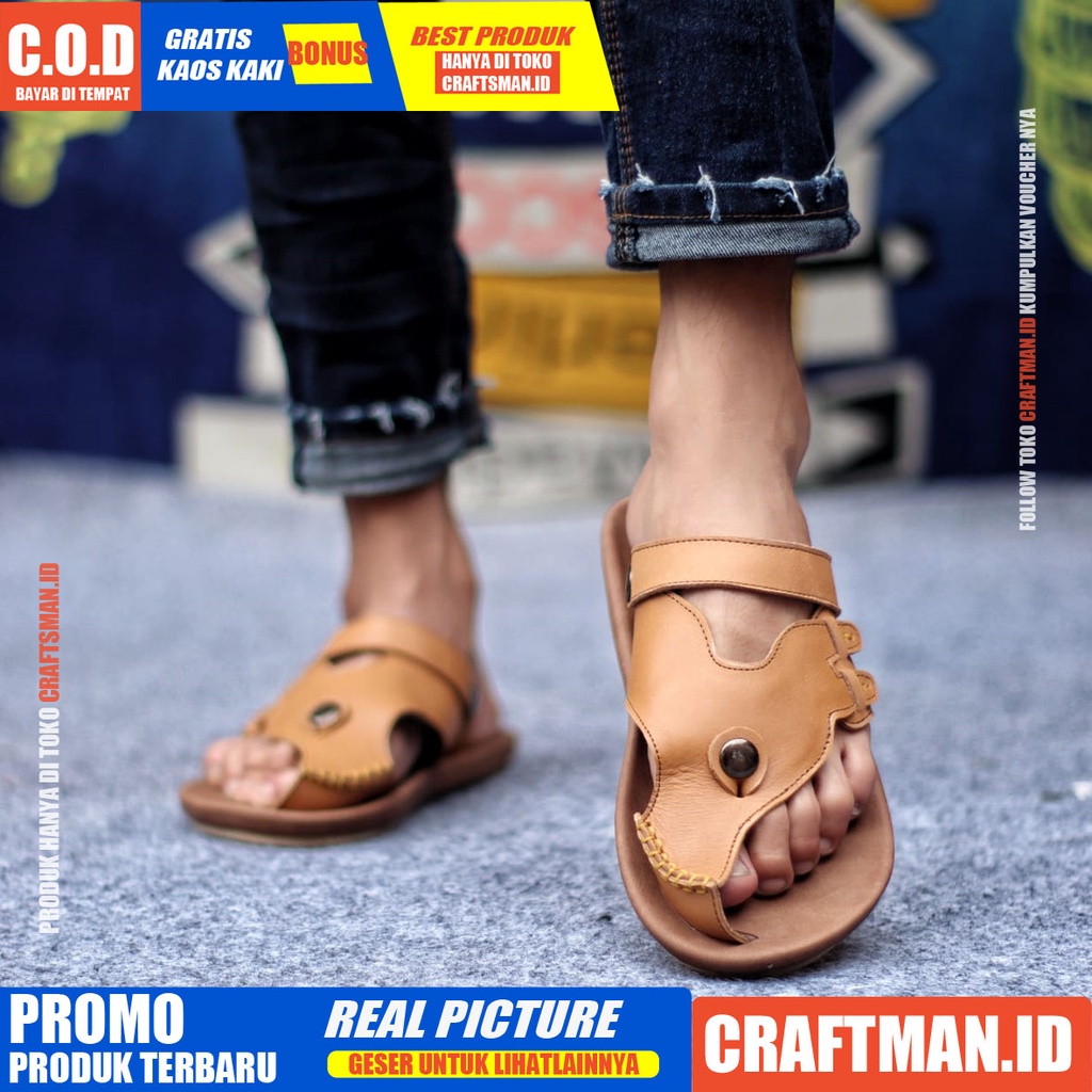 CRAFTS LUCKY SANDAL KULIT PRIA BLACK BROWN SENDAL CASUAL JEPIT PRIA