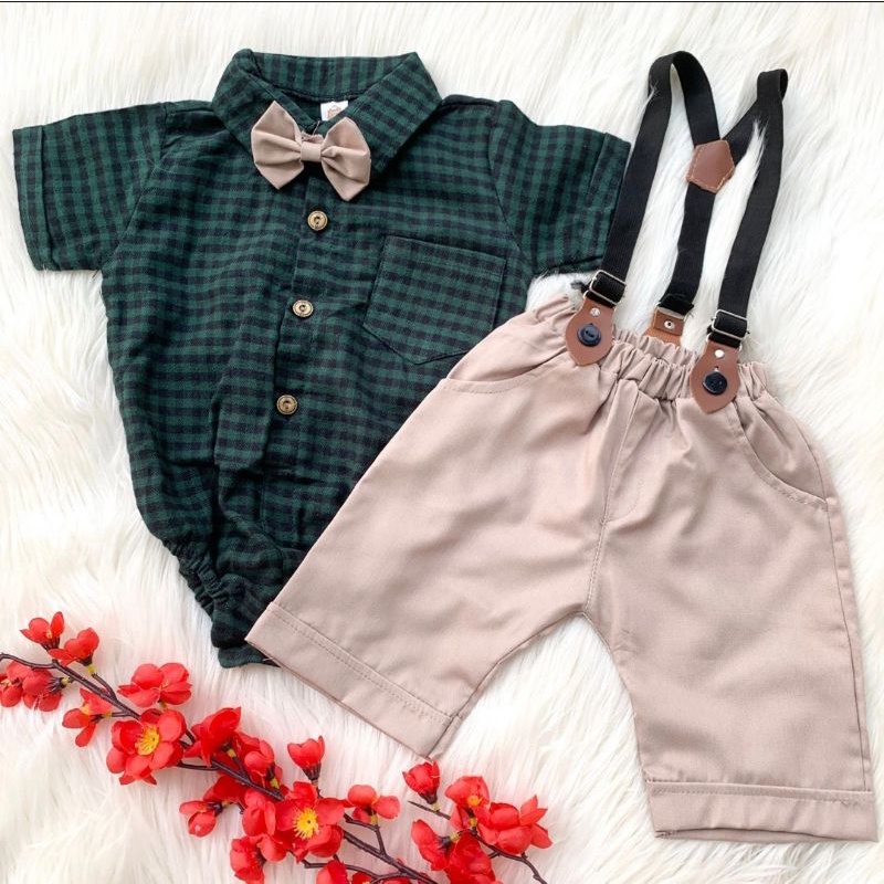 Baju setelan jumper celana suspender motif kotak pergi jalan fashion anak bayi cowok laki murah -tar