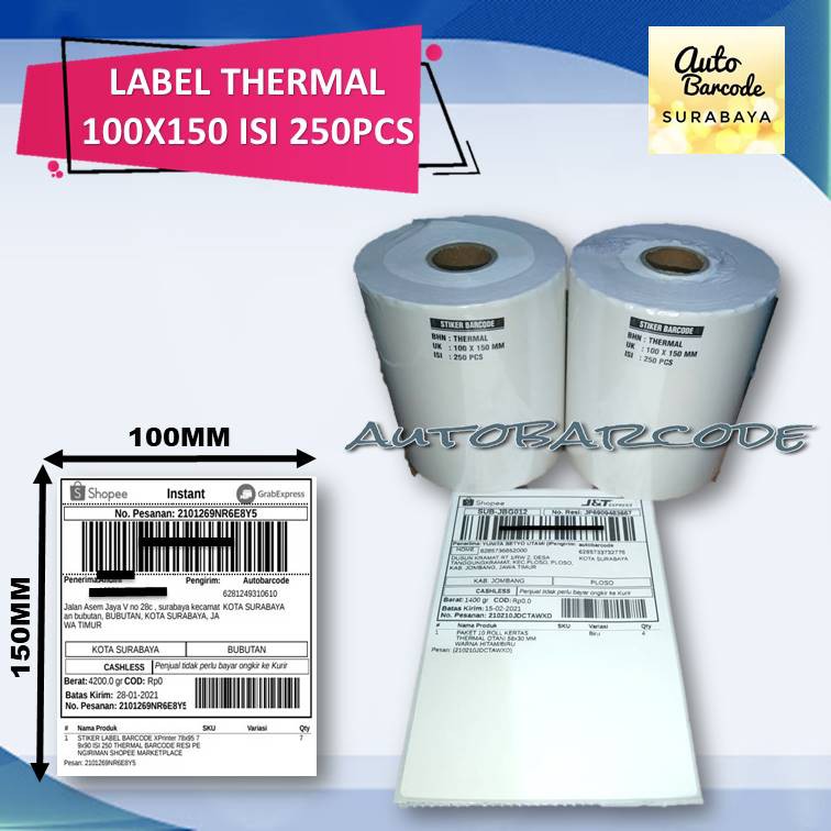 Stiker Label Resi Thermal 100X150 isi 250 PCS Label Barcode Printer Direct Thermal 1Line 100mm / 80mm Label A6 GAP Marketplace Toko Online Shop Kertas Sticker Pengiriman Nota Invoice Olshop