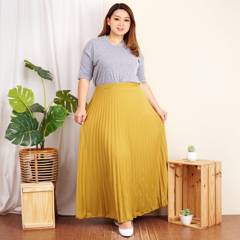 ROK PLISKET JUMBO XXL PAYUNG PLEATED SKIRT MURAH MUSLIM IBU ACARA POLOS ROK PANJANG PAYUNG MAYUNG-Lemon
