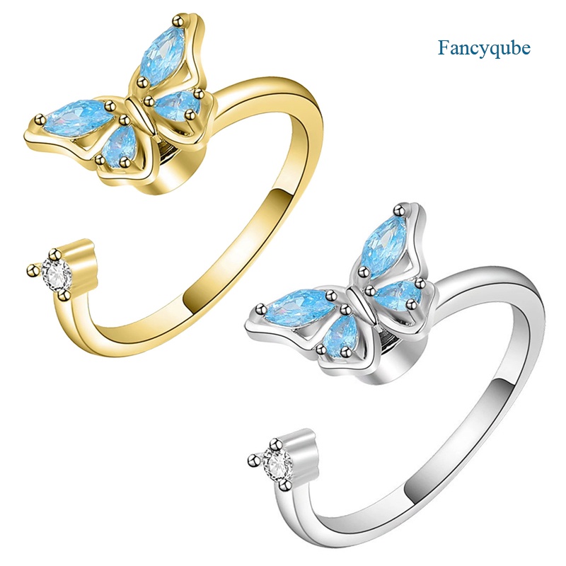 Butterfly Cincin Spinner Fidget Zircon Kristal Bentuk Kupu-Kupu Gaya Vintage Anti Stress Untuk Wanita