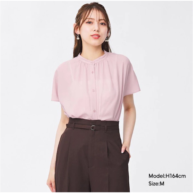 BLOUSE WANITA GU Airy band collar  TANGAN PENDEK-Flutter PINK