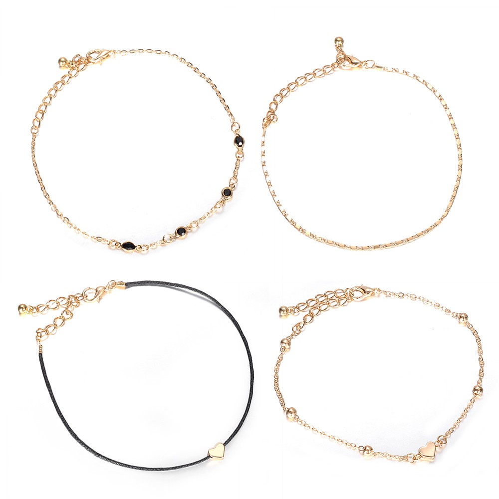 4pcs Gelang Kaki Rantai Multi Layer Bentuk Hati Warna Emas Untuk Wanita