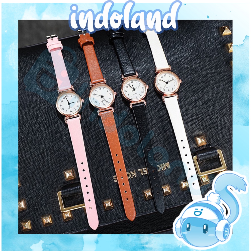 ☀ INDOLAND ☀ Jam Tangan Gaya Korea Strap PU Leather Polos Analog Quartz Fashion Wanita Korean Watch Casual JT043
