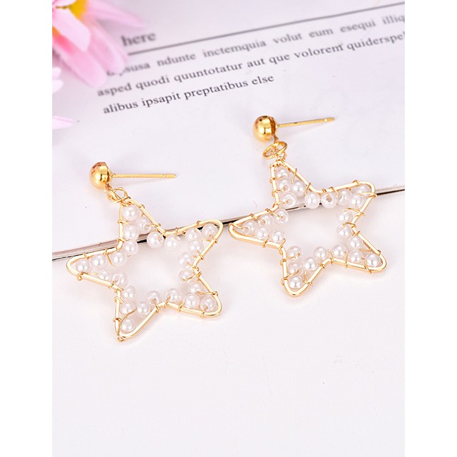 LRC Anting Tusuk Fashion Gold Alloy Five-pointed Star Pearl Stud Earrings F50971