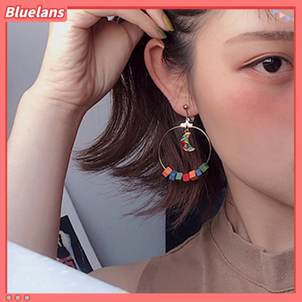 Anting Kait Gantung Wanita Bahan Kayu Desain Geometri + Bulan Sabit Untuk Pesta / Hadiah