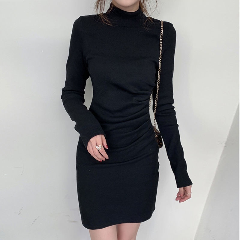 dress gaya korea hitam turtleneck beludru bottoming tas rok hip dress wanita pinggang ramping rok pe