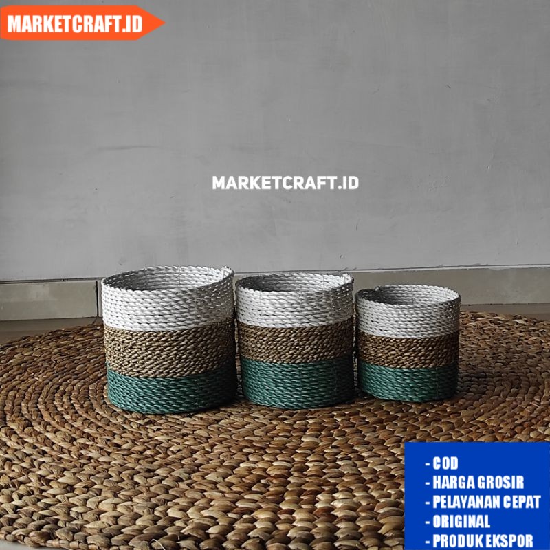 Pot aesthetic/Pot tanaman hias/Mini pot/Cover pot/Pot anyaman - Putih Coklat Hijau