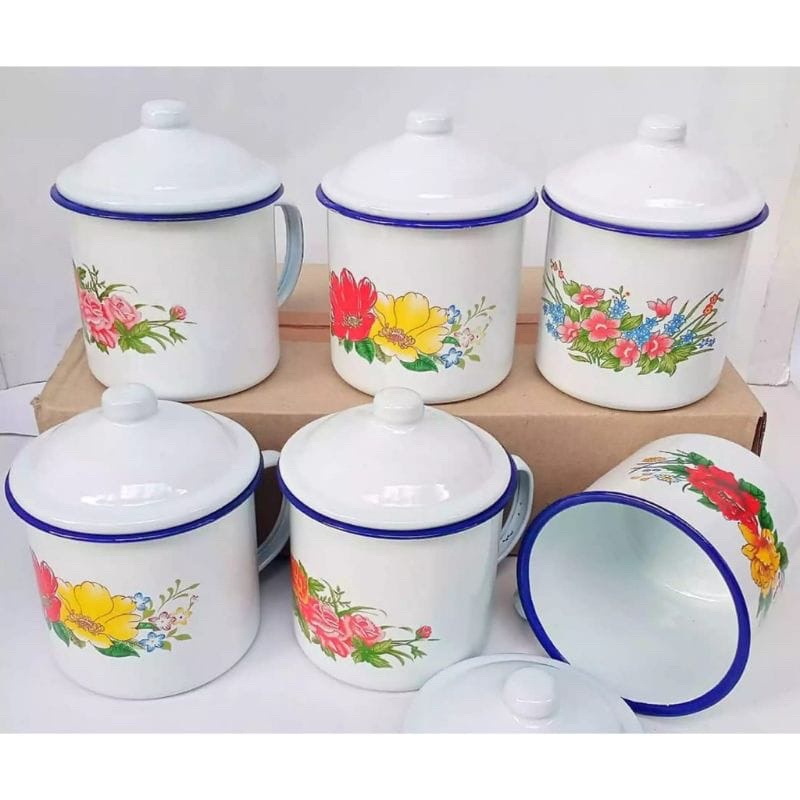 Mug Enamel + Tutup motif Kembang/ Gelas Jadul Motif Kembang + Tutup/