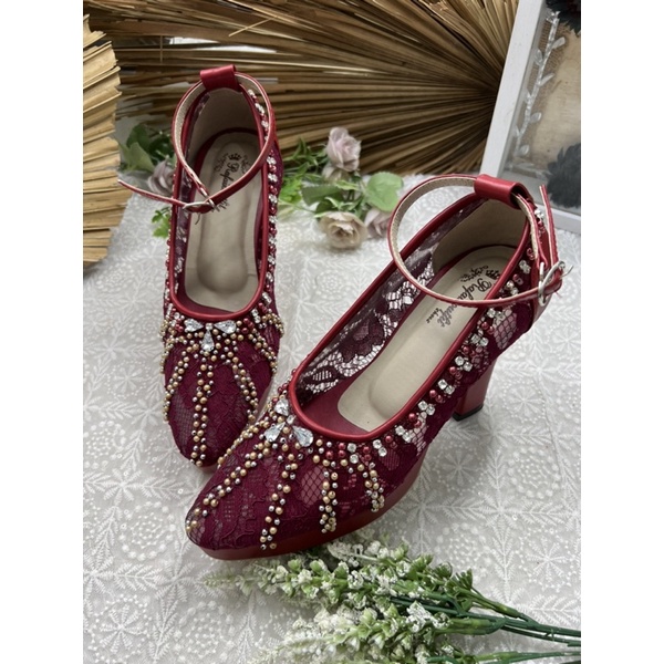 sepatu wedding shoes naira merah marron tali tinggi 10cm