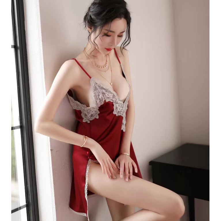 Sexy Lingerie Satin Dress Baju Tidur Wanita Dewasa Piyama Seksi Setelan Wanita Impor V Neck Satin Mi
