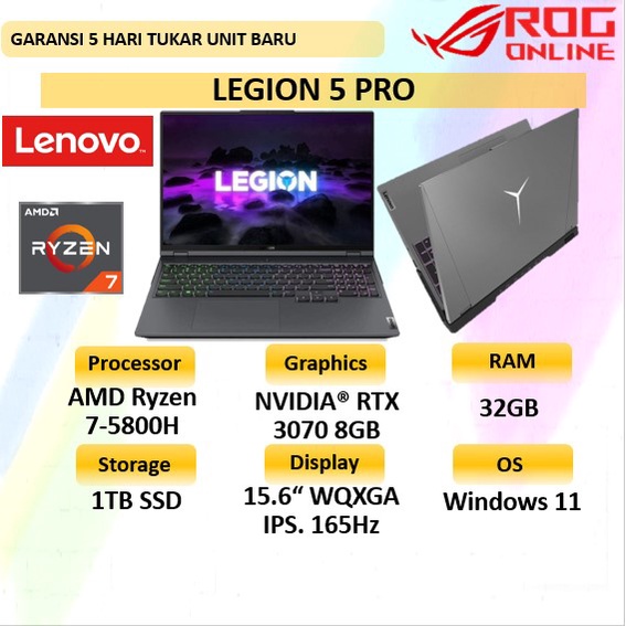 LAPTOP GAMING LENOVO LEGION 5 PRO RYZEN 7 5800H RAM 32GB SSD 1TB NVIDIA RTX3070 8GB WINDOWS 11 + OFFICE HOME STUDENT LAYAR 16.0"WQXGA IPS 165Hz - LENOVO LEGION 5 PRO 16 JRID