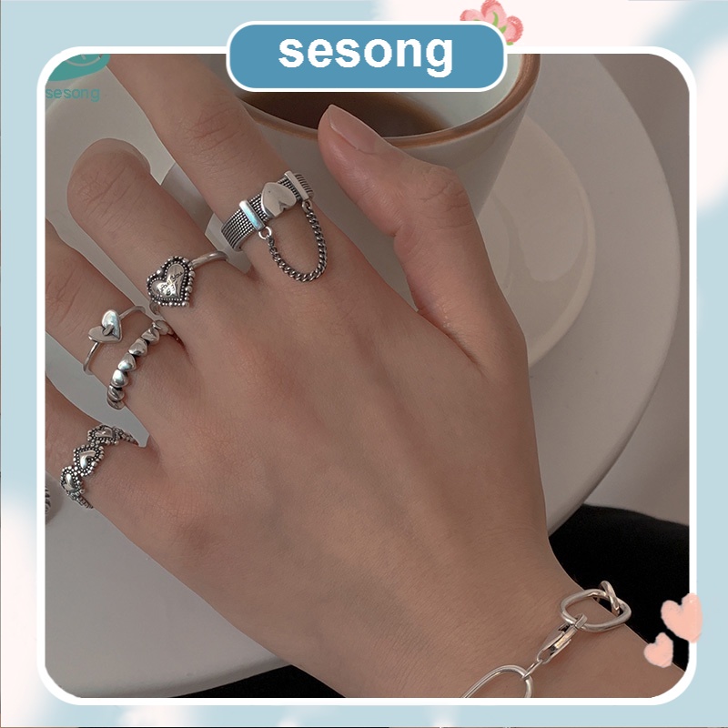 5pcs / Set Cincin Jari Telunjuk Model Terbuka Desain Hati Hollow Gaya Retro SS