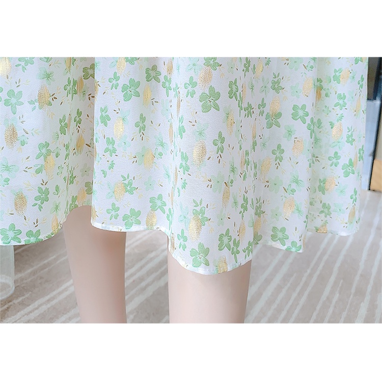 2022 New Fashion Korean Style Chiffon Green Floral Print Casual Party Midi Dress Summer Short Sleeve Women V-neck Dresses Wanita Putih 2023t