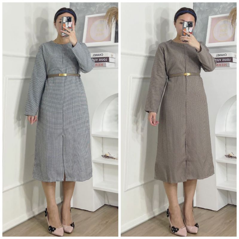 ⚡️CLEARANCE SALE ♡ PREMIUM ♡ ORIGINAL ! THANIA TUNIK PLAID HOUNDSTOOTH LONG SLEEVE THICK MIDI SLIT DRESS