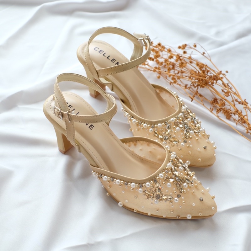 𝗖𝗘𝗟𝗟𝗘𝗡𝗘 Binka Let Beads / wedding shoes sepatu pengantin 7cm gold