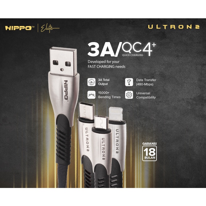 Hippo Elite Ultron 2 Micro, Type C, Lighting USB Port Cable 100 cm