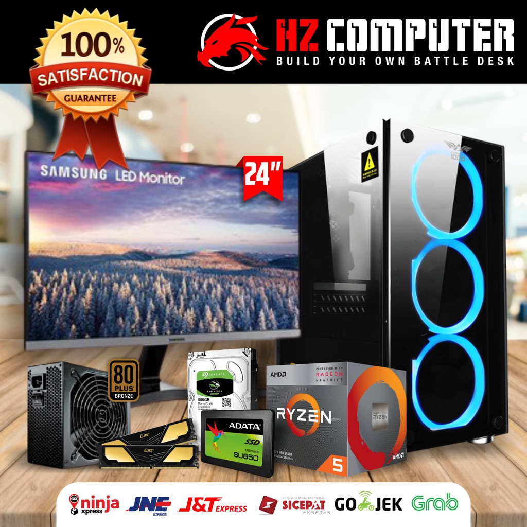 PC Gaming Fullset - AMD Ryzen 5 3400G - RAM 8GB - SSD & HDD - VGA RX Vega 11 - Monitor LED 24" 75Hz