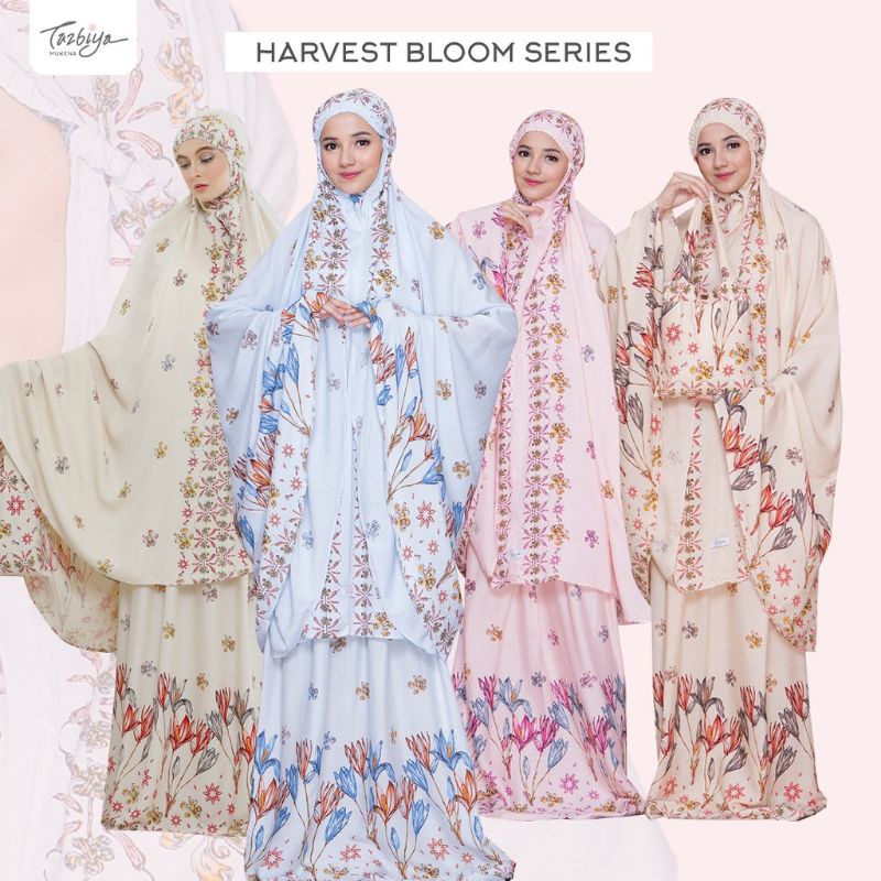 Mukena Tazbiya Harvest Bloom Pink Blue Khaki Jumbo Dewasa Katun Rayon Adem Motif Cantik Treveling