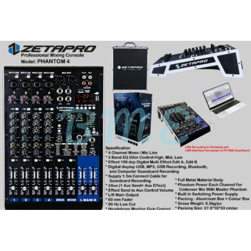 MIXER ZETAPRO PHANTOM 4 ORIGINAL PHANTOM 4 CHANEL USB BLUTOOTH RECORD
