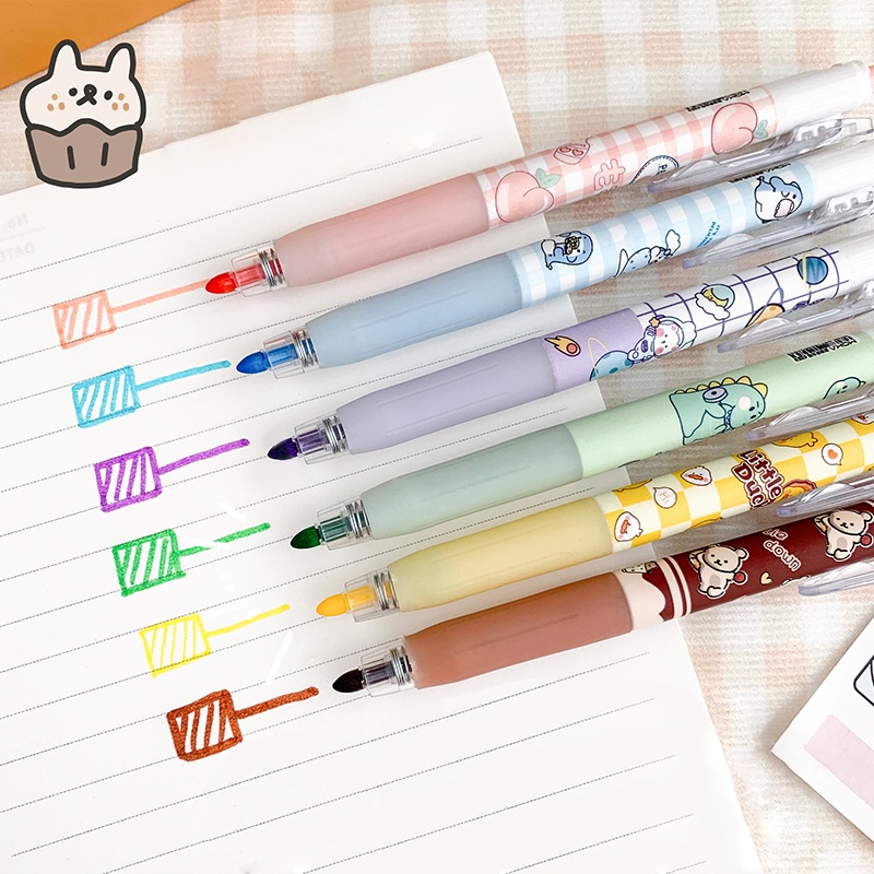 6pcs / Set Highlighter Kepala Bulat / Kotak Retractable Motif Kartun Warna-Warni