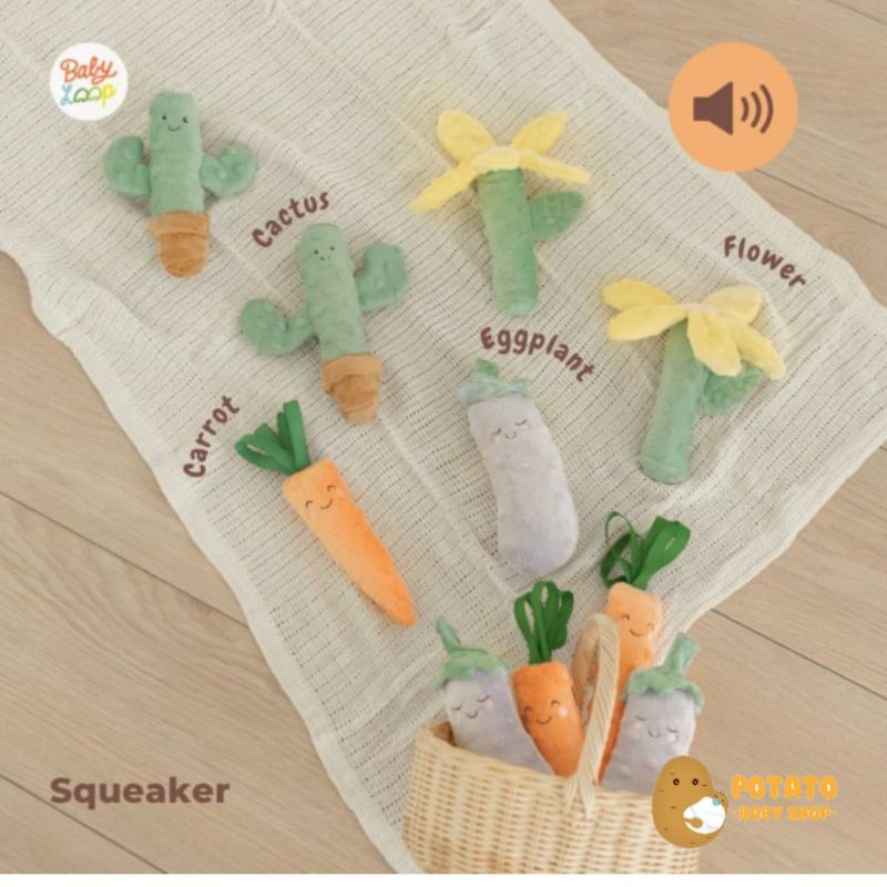 Babyloop Squeaker Minky taggies Carrot, Cactus, Eggplant &amp; Daisy Baby Loop