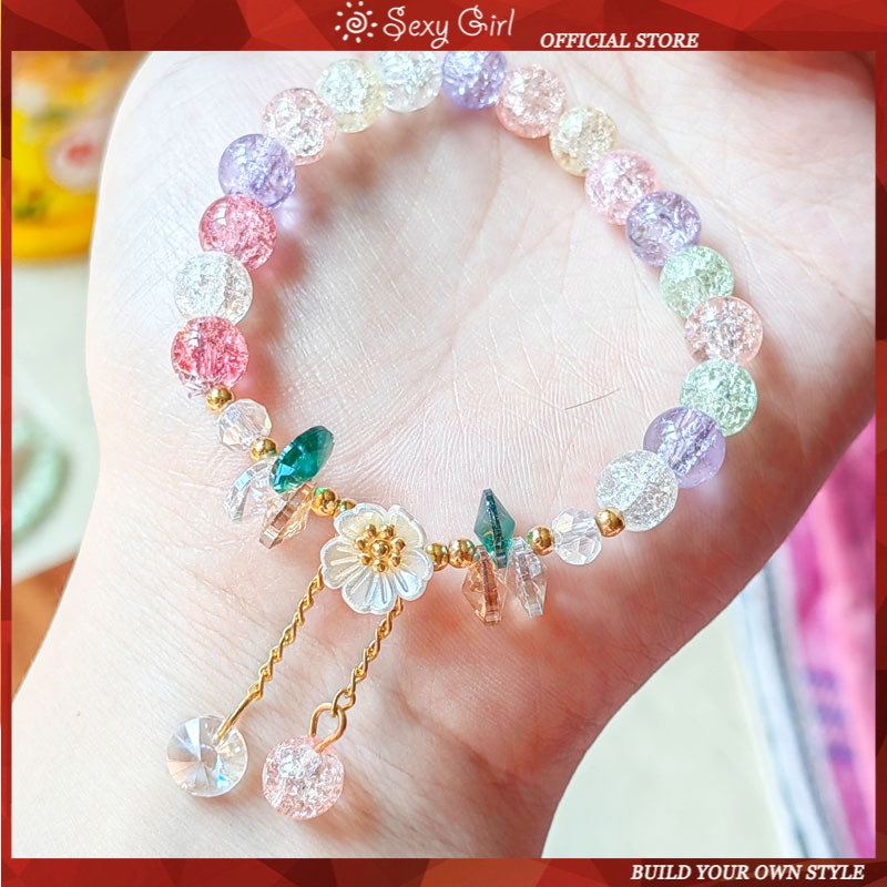 Gelang Manik-Manik Kristal Desain Bunga Gaya Korea Untuk Wanita