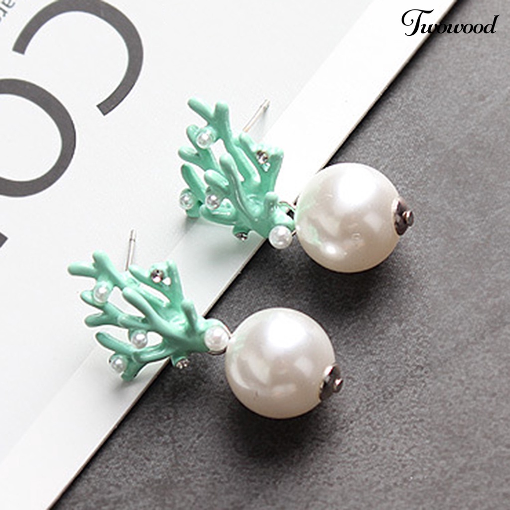 Twowood 1 Pair Ear Studs Coral Shape Faux Pearl Jewelry Cute All Match Lightweight Stud Earrings for Dating