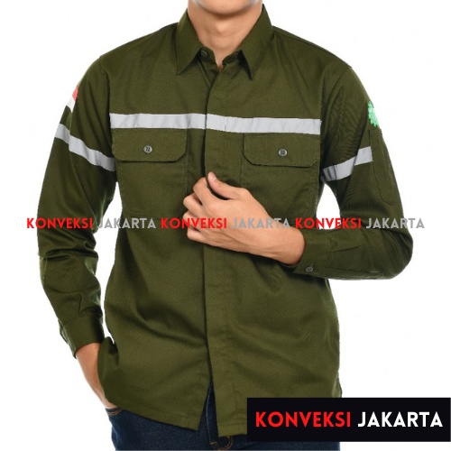 Baju Wearpack Kemeja Safety K3 Proyek Tambang Lengan Panjang  - Pakaian Seragam Werpak Kerja Atasan Scotlite Lapangan Warna Hijau Army Pria Wanita