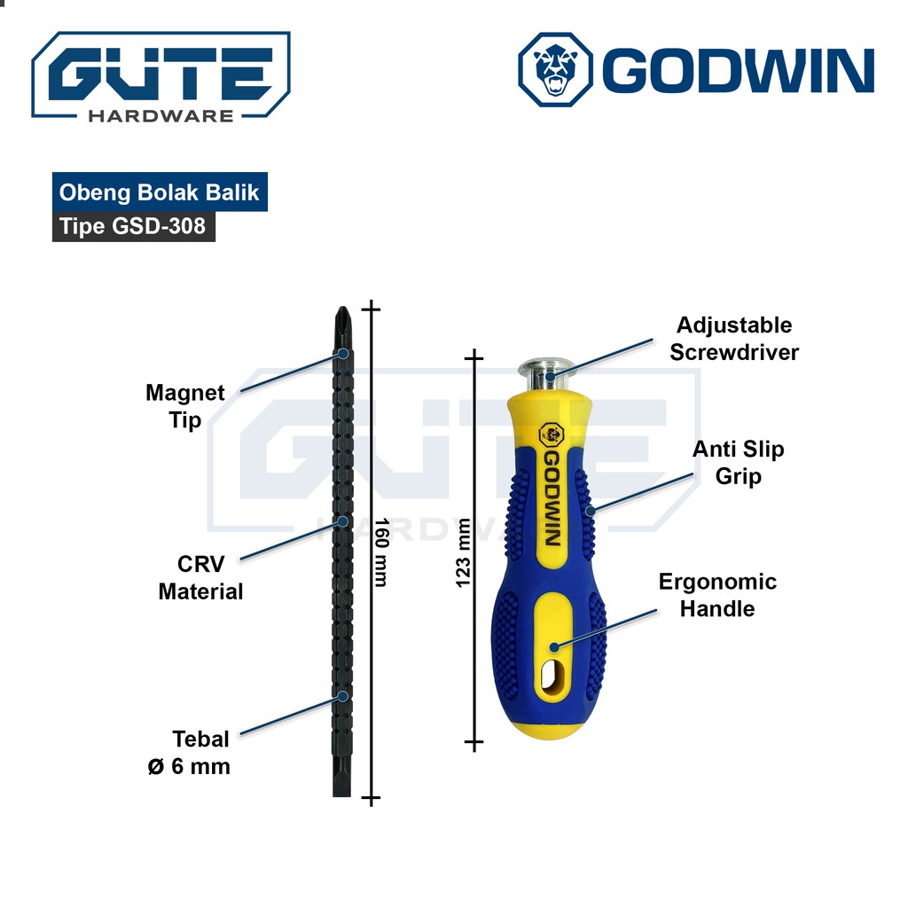 GUTE GODWIN Obeng Bolak Balik (+)(-) GG Karet / Adjustable Screwdriver