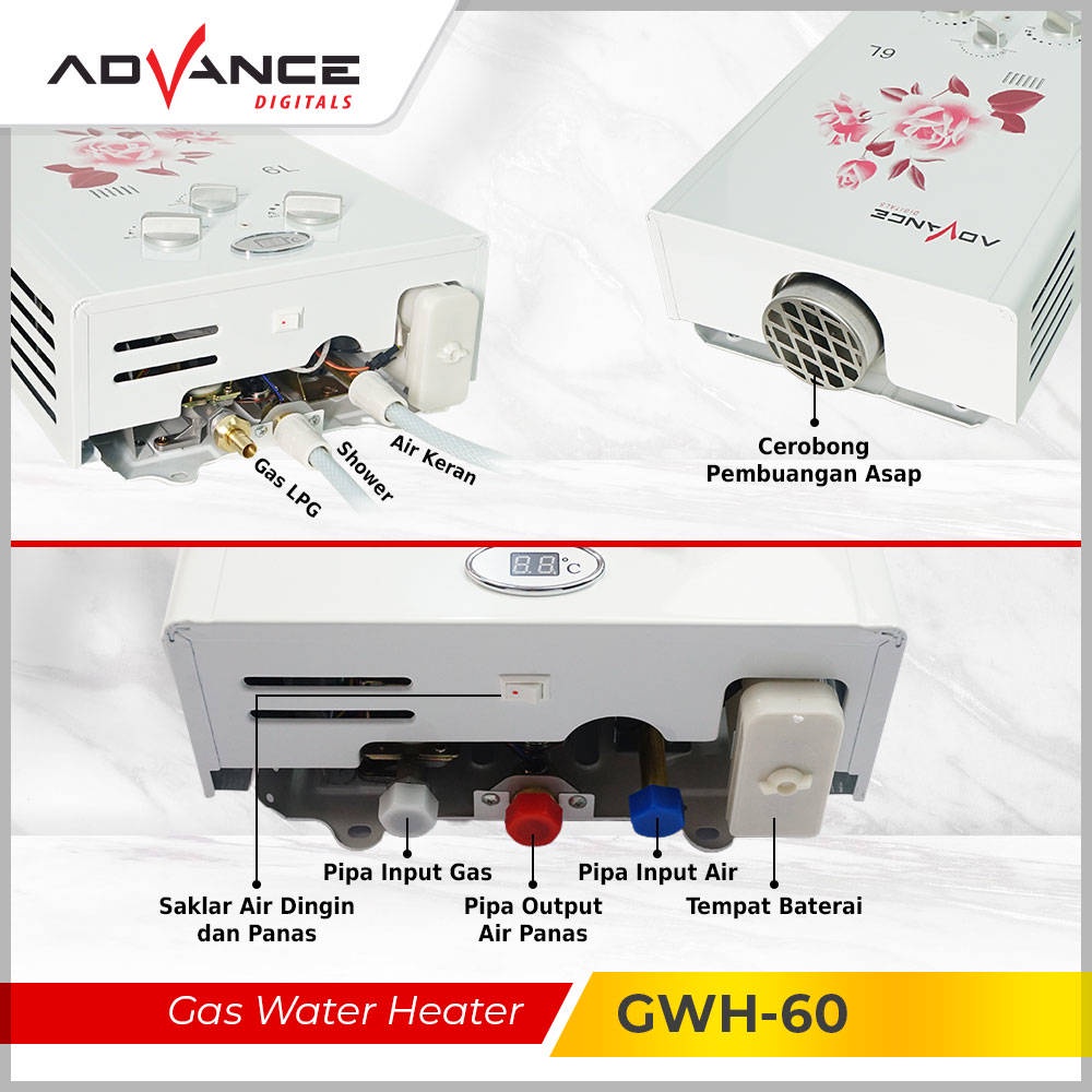 【Garansi 1 tahun】ADVANCE WATER HEATER GAS KAPASITAS 6 LITER