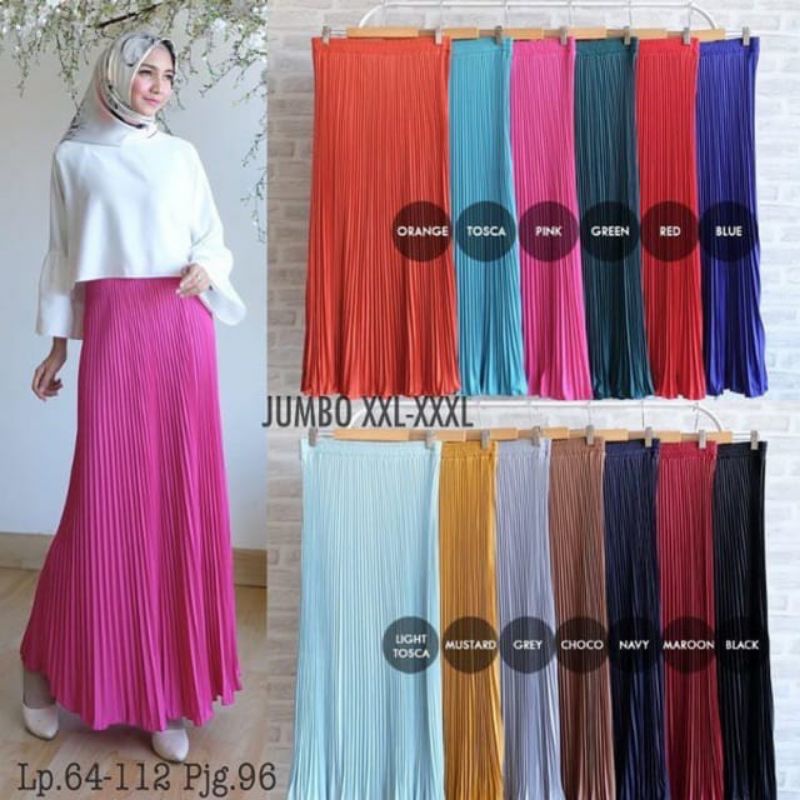 Rok Plisket Jumbo Stylish Fit XXXL - Rok Plisket Wanita Jumbo Mat Jersi Korea Terlaris - Rok Panjang