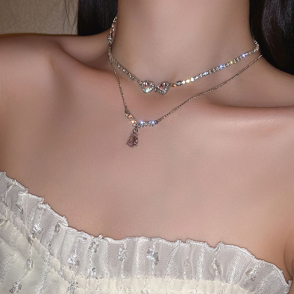 Needway  Trendy Korean Style Necklace Baroque Fashion Jewelry Women Clavicle Choker Heart Wedding For Girls Water Drop Elegant Rhinestone Pink Crystal/Multicolor