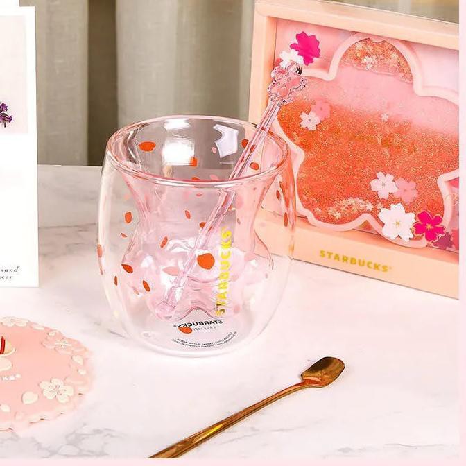 Starbucks Cat Paw Cup Pink Sakura Double Coffee Milk Wall Glass Mug Anniversary Christmas