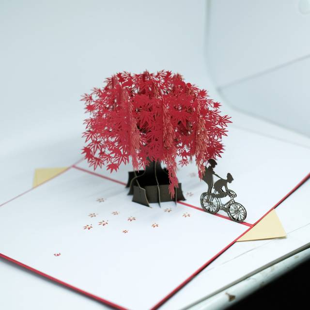 Pop Up Card Sakura Merah Bike 3D- Sepeda Kartu Ucapan Cards Maple Cherry Blossom