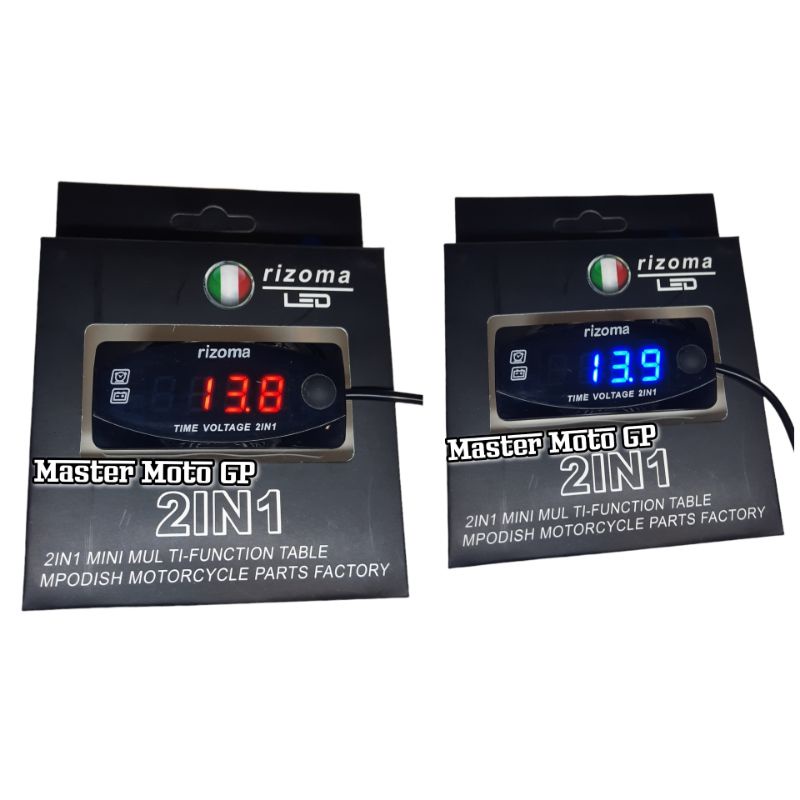 Digital voltmeter 2in1 Rizoma led 7,1cm volt meter time 2in1 mini multi fungsi Volt meter jam sepeda motor