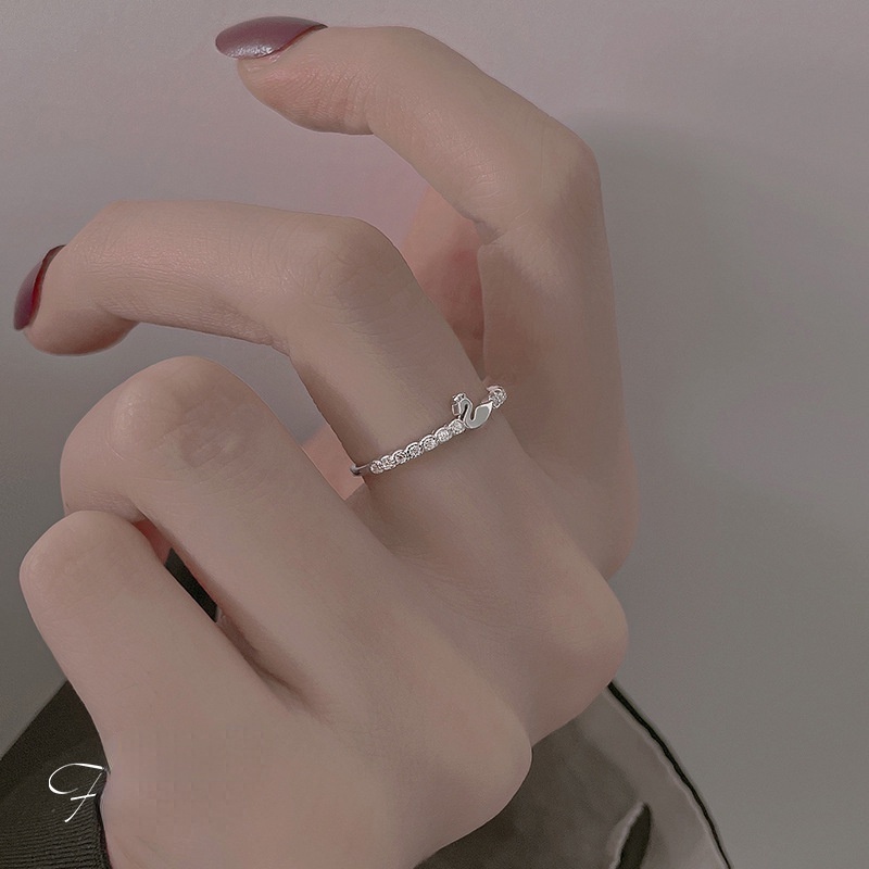 Cincin Jari Telunjuk 925 Silver Desain Angsa Kecil Aksen Berlian Penuh Gaya Korea