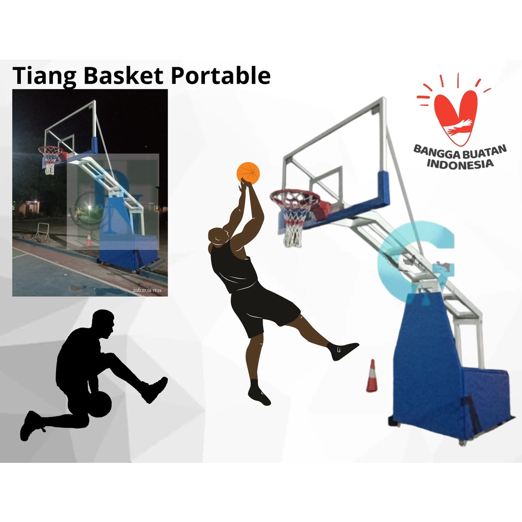 Tiang Basket Portable Ekonomis include Papan Pantul Akrilik 15 mm Ring dan Jaring Basket FIBA Standa