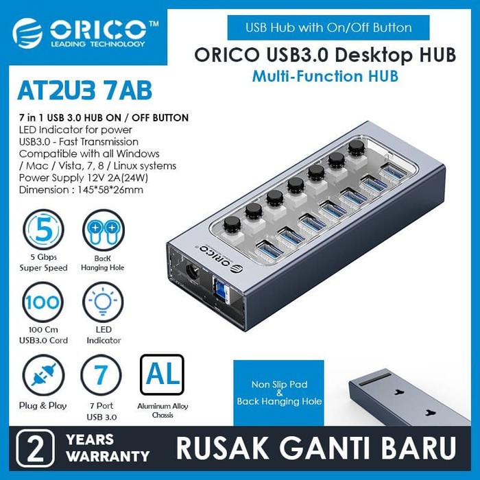 Usb 3.0 hub Orico 7 Port industrial Switch on off aluminum 5Gbps Adapter 1m cable at2U3-7ab - Terminal usb3.0 7 slot saklar adaptor