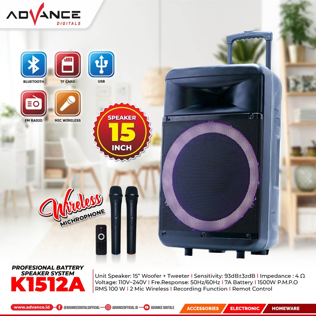 Advance Speaker 15 Inch K1512A + 2 Pc Microphone Wireless Fitur Guitar Input