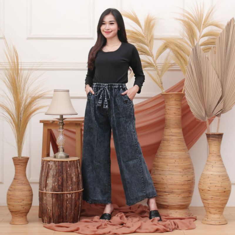 Jeans kulot masa kini - all size - pinggang karet - tali depan - bahan denim