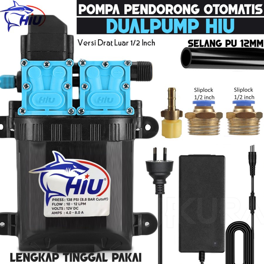 Pompa Air DC Paket Lengkap Pendorong Hiu DualPump Serbaguna Konektor Slip Lock - Drat Luar
