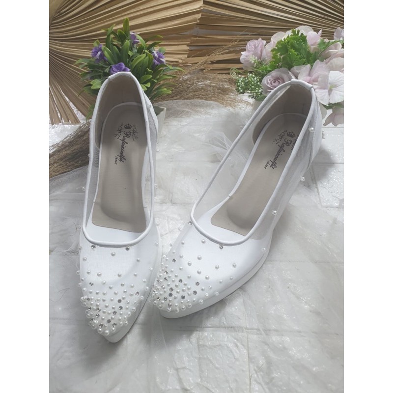 sepatu elphii putih sepatu wedding cantik 9cm bahan