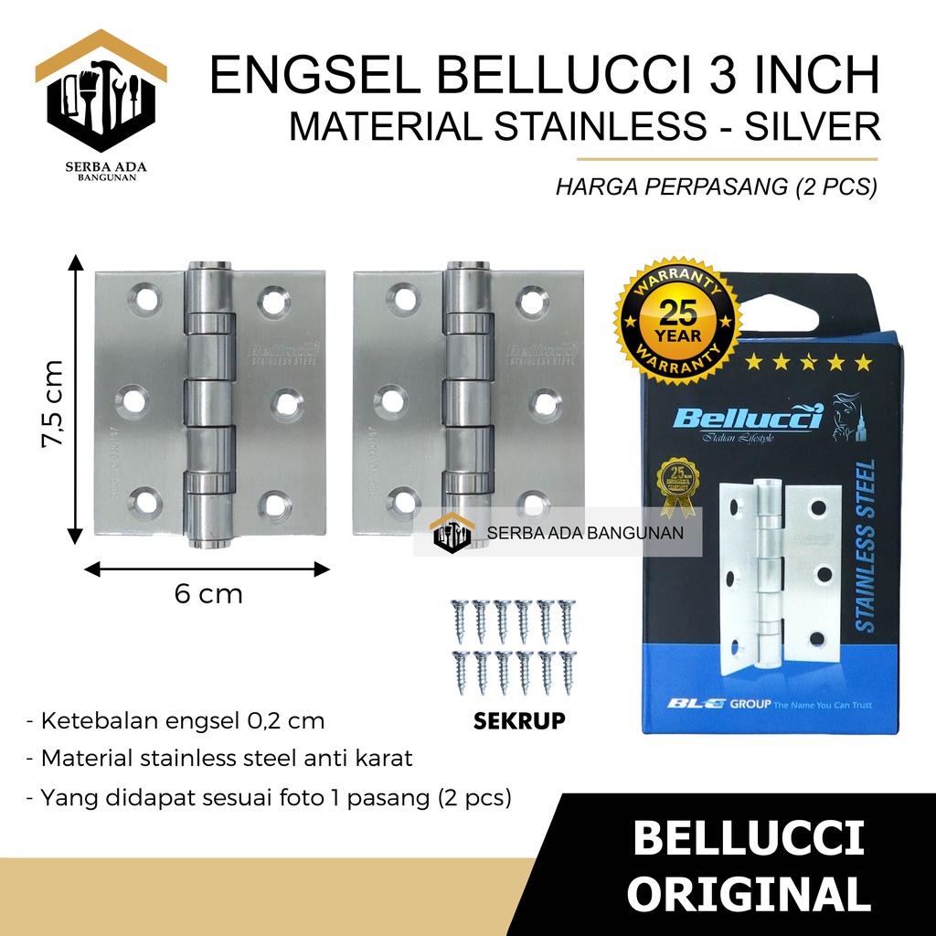 ENGSEL PINTU / ENGSEL JENDELA BELLUCCI 3&quot; | ENGSEL BLC | BELLUCI - SS SUS 304 STAINLESS STEEL ASLI - IRON HINGES GARANSI ASLI 100%